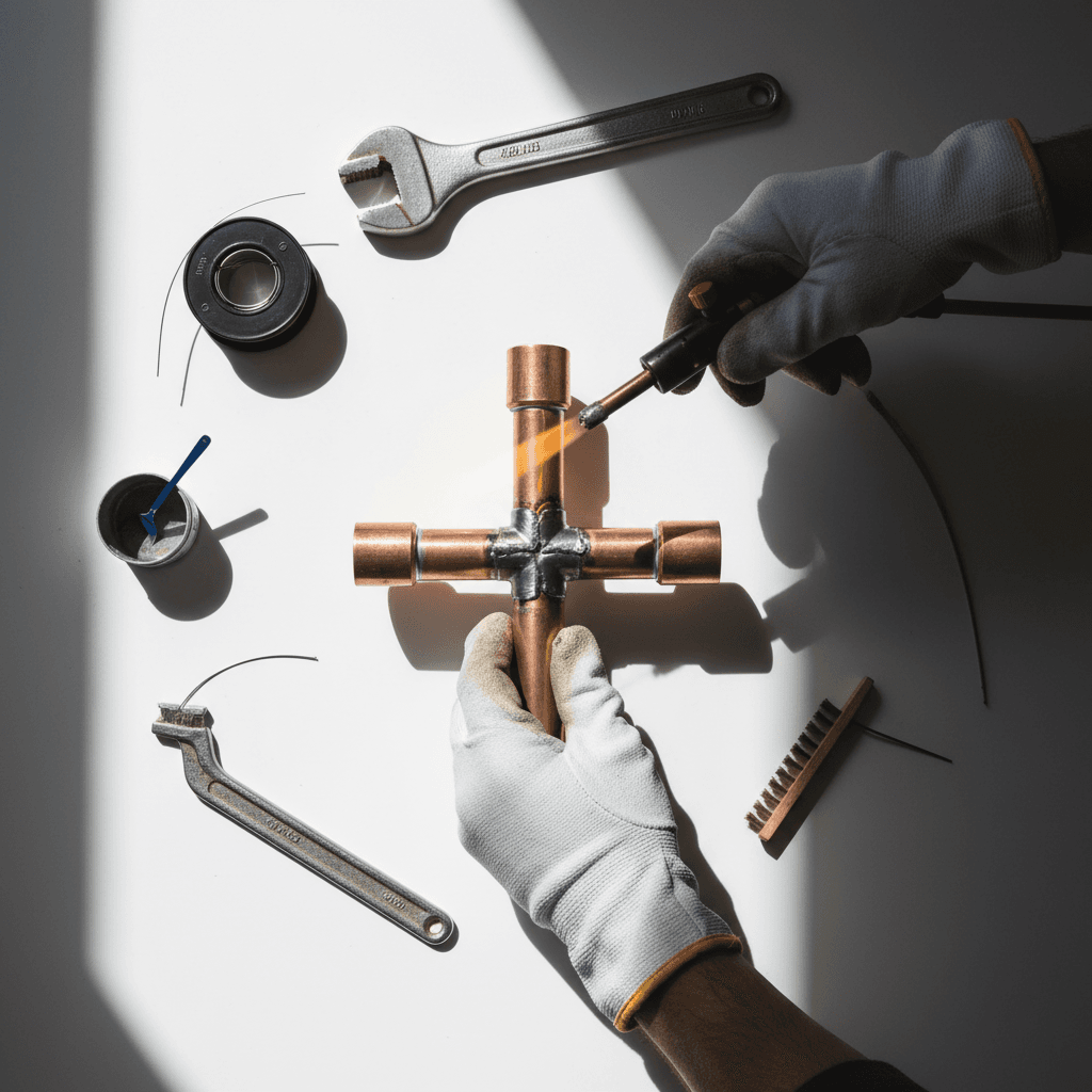 Plumber soldering copper pipe joint with torch, flux, and precision tools in close overhead detail shot