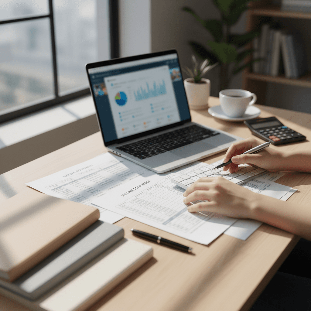 Bookkeeper's hands working with financial documents and calculator at a wooden desk